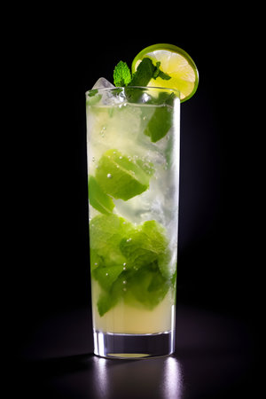 Refreshing alcoholic summer cocktail mojito with ice, fresh mint and lime, generative AI content.の素材