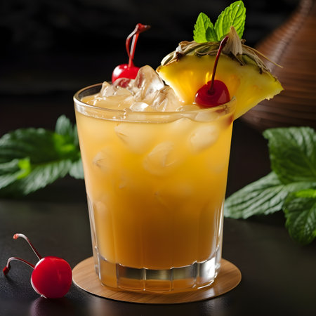 Popular cocktail Mai Tai, served ready to drink, closeup, generative AI content.の素材