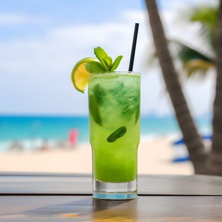 Refreshing alcoholic summer cocktail mojito with ice, fresh mint and lime, generative AI content.の素材