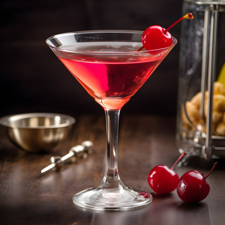 Cosmopolitan cocktail served ready to drink on the table, close-up view, generative AI content.の素材