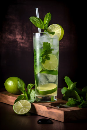 Refreshing alcoholic summer cocktail mojito with ice, fresh mint and lime, generative AI content.の素材