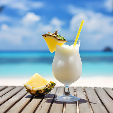A tall glass of a refreshing pina colada beach cocktail on a palm beach background, closeup, generative AI content.の素材