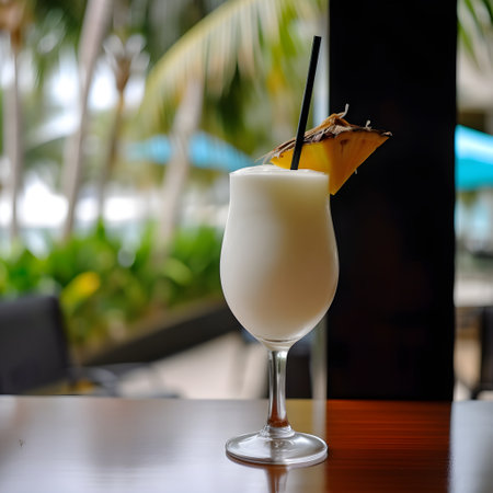 A tall glass of a refreshing pina colada beach cocktail on a palm beach background, closeup, generative AI content.の素材