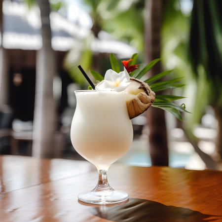 A tall glass of a refreshing pina colada beach cocktail on a palm beach background, closeup, generative AI content.の素材