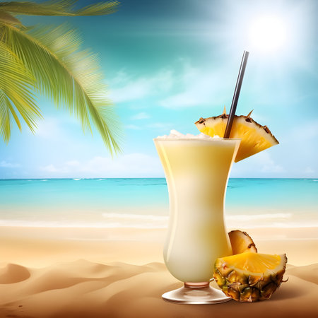 A tall glass of a refreshing pina colada beach cocktail on a palm beach background, closeup, generative AI content.の素材