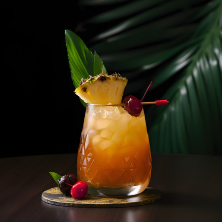 Popular cocktail Mai Tai, served ready to drink, closeup, generative AI content.の素材