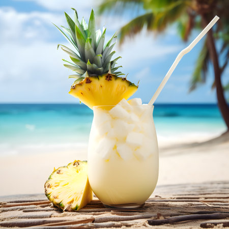 A tall glass of a refreshing pina colada beach cocktail on a palm beach background, closeup, generative AI content.の素材