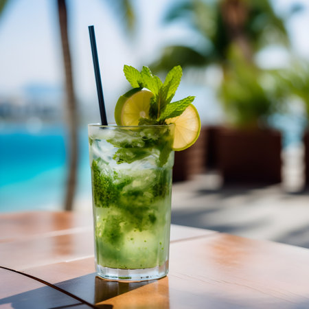Refreshing alcoholic summer cocktail mojito with ice, fresh mint and lime, generative AI content.の素材
