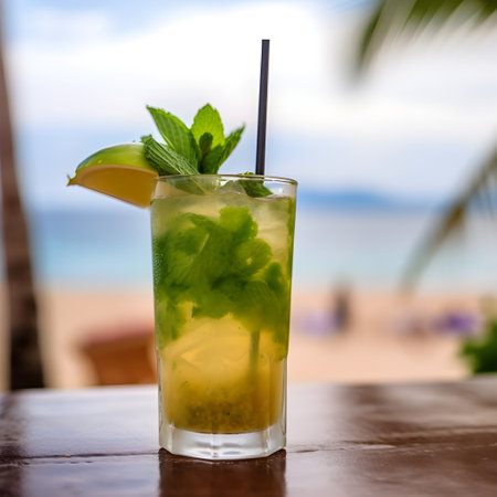 Refreshing alcoholic summer cocktail mojito with ice, fresh mint and lime, generative AI content.の素材