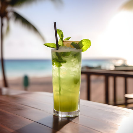 Refreshing alcoholic summer cocktail mojito with ice, fresh mint and lime, generative AI content.の素材