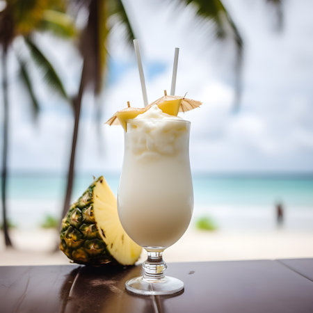 A tall glass of a refreshing pina colada beach cocktail on a palm beach background, closeup, generative AI content.の素材
