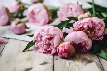 Close up of flowers peonies in pink color. Beautiful freshly cut bouquet lies on the light table, copy space, generative AI content.の素材