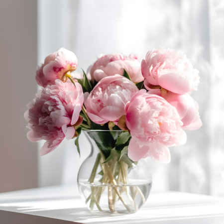 Close up of flowers peonies in pink color. Beautiful freshly cut bouquet in a glass vase by the window, generative AI content.の素材