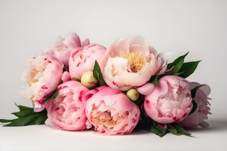 Close up of flowers peonies in pink color. Beautiful freshly cut bouquet lies on the light table, copy space, generative AI content.の素材