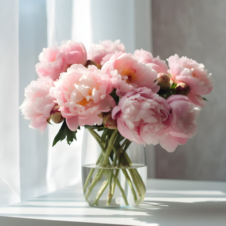 Close up of flowers peonies in pink color. Beautiful freshly cut bouquet in a glass vase by the window, generative AI content.の素材