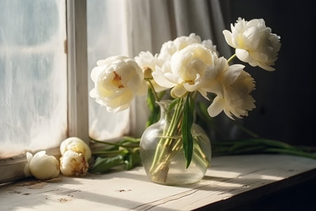 Close up of flowers peonies in white color. Beautiful freshly cut bouquet in a glass vase by the window, generative AI content.の素材
