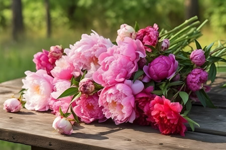 Close up of flowers peonies in pink color. Beautiful freshly cut bouquet lies on the light table, generative AI content.の素材