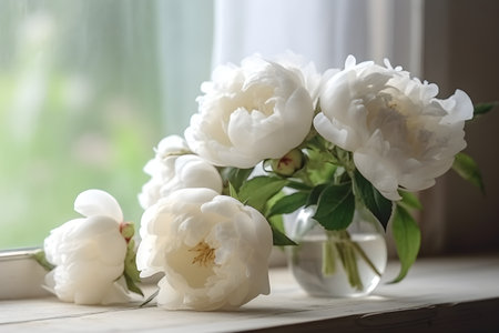Close up of flowers peonies in white color. Beautiful freshly cut bouquet in a glass vase by the window, generative AI content.の素材