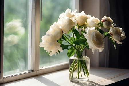 Close up of flowers peonies in white color. Beautiful freshly cut bouquet in a glass vase by the window, generative AI content.の素材