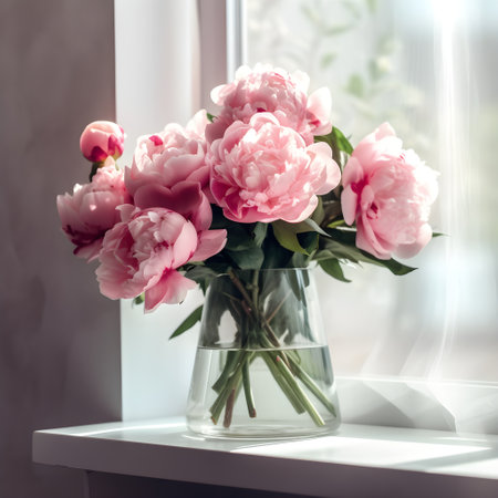 Close up of flowers peonies in pink color. Beautiful freshly cut bouquet in a glass vase by the window, generative AI content.の素材