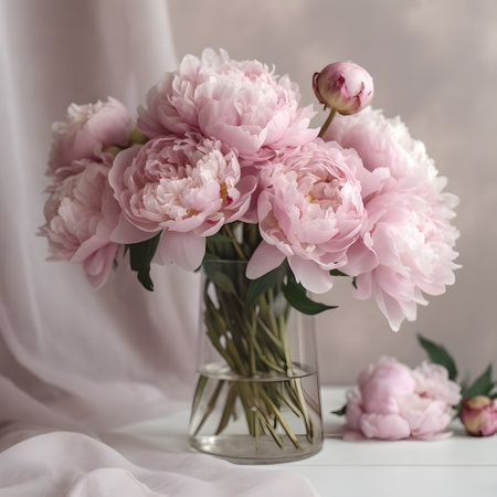 Close up of flowers peonies in pink color. Beautiful freshly cut bouquet in a glass vase, generative AI content.の素材
