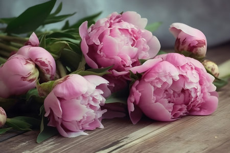 Close up of flowers peonies in pink color. Beautiful freshly cut bouquet lies on the light table, generative AI content.の素材