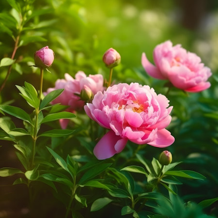 Close up of flowers peonies in pink color. Beautiful peony bush in the garden, generative AI content.の素材