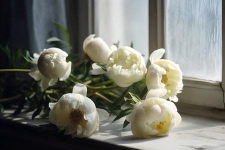 Close up of flowers peonies in white color. Beautiful freshly cut bouquet in a glass vase by the window, generative AI content.の素材