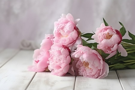 Close up of flowers peonies in pink color. Beautiful freshly cut bouquet lies on the light table, copy space, generative AI content.の素材