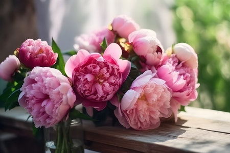 Close up of flowers peonies in pink color. Beautiful freshly cut bouquet lies on the light table, generative AI content.の素材
