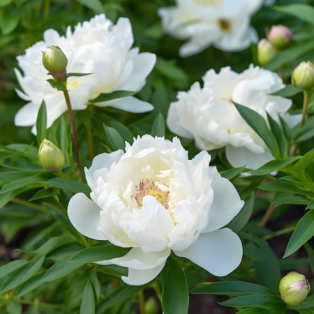 Close up of flowers peonies in white color. Beautiful peony bush in the garden, generative AI content.の素材