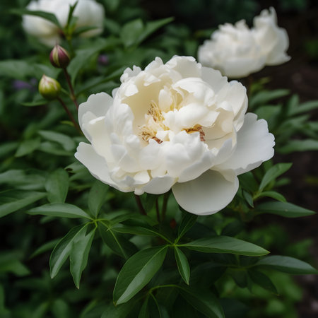 Close up of flowers peonies in white color. Beautiful peony bush in the garden, generative AI content.の素材