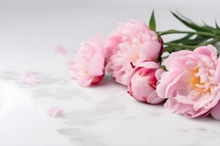 Close up of flowers peonies in pink color. Beautiful freshly cut bouquet lies on the light table, copy space, generative AI content.の素材
