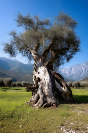 Old olive tree with beautiful dramatic background with mountains and blue sky with clouds, generative AI content.の素材