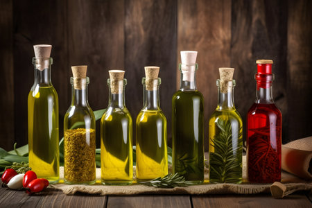 Bottles of fresh extra virgin olive oil with various ingredients such as garlic, chili, pepper, rosemary on a rustic background, generative AI content.の素材