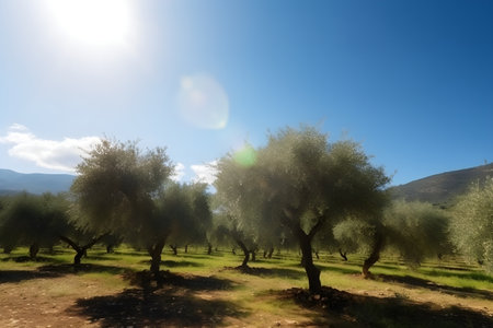 Old olive tree plantation with beautiful dramatic background with mountains and blue sky with clouds, generative AI cntent.の素材