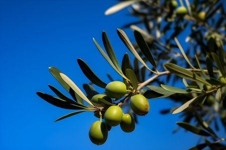 Olives on olive tree branch in autumn with blue sky in background. Seasonal nature image, copy space, generative AI content.の素材