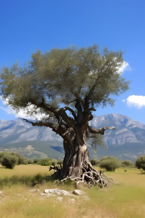 Old olive tree with beautiful dramatic background with mountains and blue sky with clouds, generative AI content.の素材