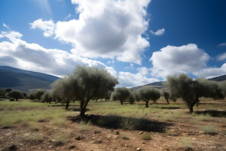 Old olive tree plantation with beautiful dramatic background with mountains and blue sky with clouds, generative AI cntent.の素材
