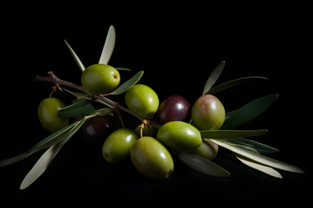 Olives on the olive branch on a black background, generative AI content.の素材