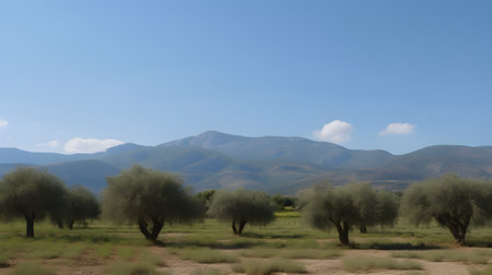 Old olive tree plantation with beautiful dramatic background with mountains and blue sky with clouds, generative AI cntent.の素材