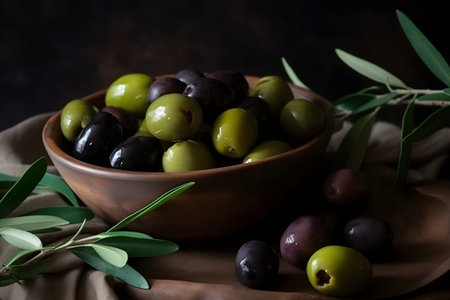 Table served with tapenade, mixed marinated green, black and purple olives in a ceramic bowl and basil leaves. Close-up, appetizers and snacks from French Provence. generative AI content.の素材