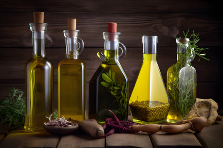 Bottles of fresh extra virgin olive oil with various ingredients such as garlic, chili, pepper, rosemary on a rustic background, generative AI content.の素材