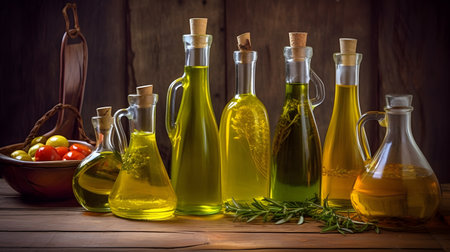 Bottles of fresh extra virgin olive oil with various ingredients such as garlic, chili, pepper, rosemary on a rustic background, generative AI content.の素材