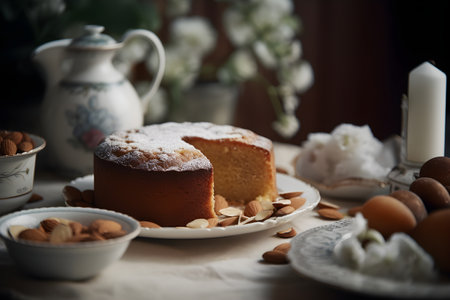 Freshly baked almond cake, rustic background, generative AI content.の素材
