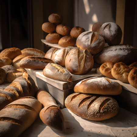 Fresh fragrant bread on the table in the bakery. Food concept, generative AI content.の素材