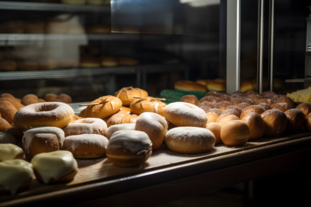 Bakery showcase with freshly baked donuts and other sweet baked goods. Donuts is a classic and popular pastry, generative AI content.の素材