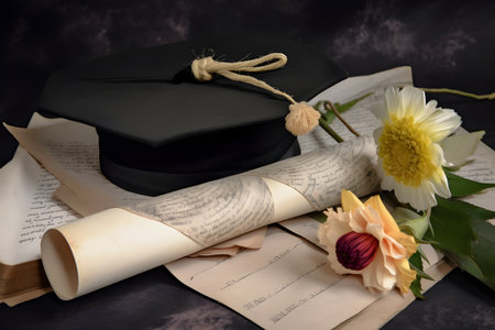 A mortarboard and a graduation scroll on the desk, education learning concept, map with dark background, generative AI content.の素材