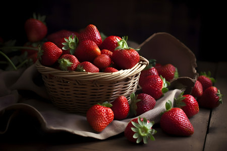 Fresh ripe strawberries in vintage basket on wooden background, generative AI content.の素材