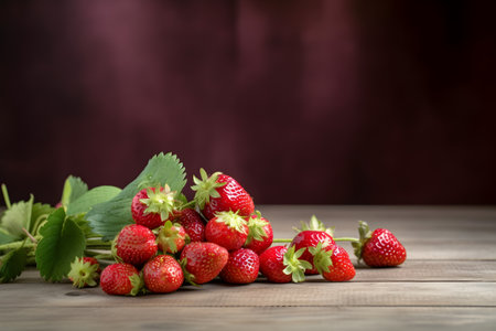 Bunch of fresh ripe strawberries scattered on rustic table, generative AI content, copy space.の素材